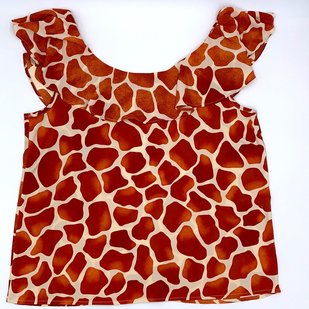 Ann Taylor Giraffe Print Ruffle Neck Top Size Medium - Picture 9 of 11